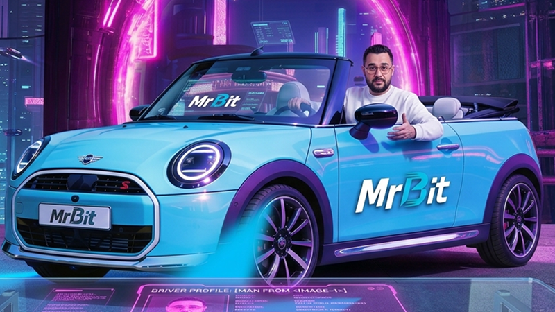 Imagine reprezentativă pentru Cursa Mini Rush Mr.Bit, cu un Mini Cooper și premii precum iPad Air, iPhone, PlayStation 5